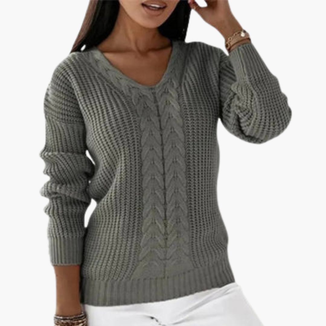 Women's tailored V-neck knitted pullover sweater in versatile neutral tones with textured knit detail