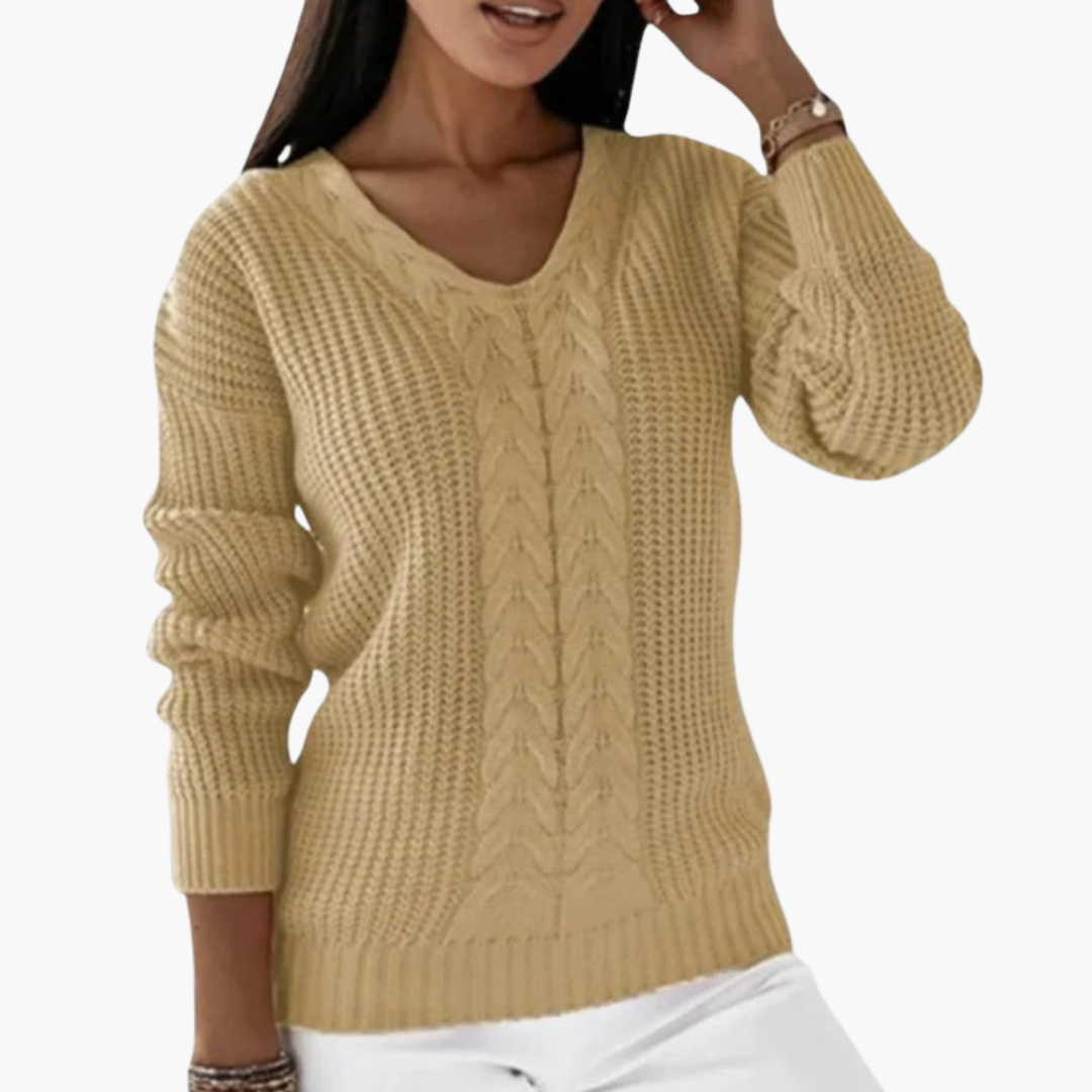 Women's tailored-fit V-neck knitted pullover sweater in versatile neutral tone with textured knit detail
