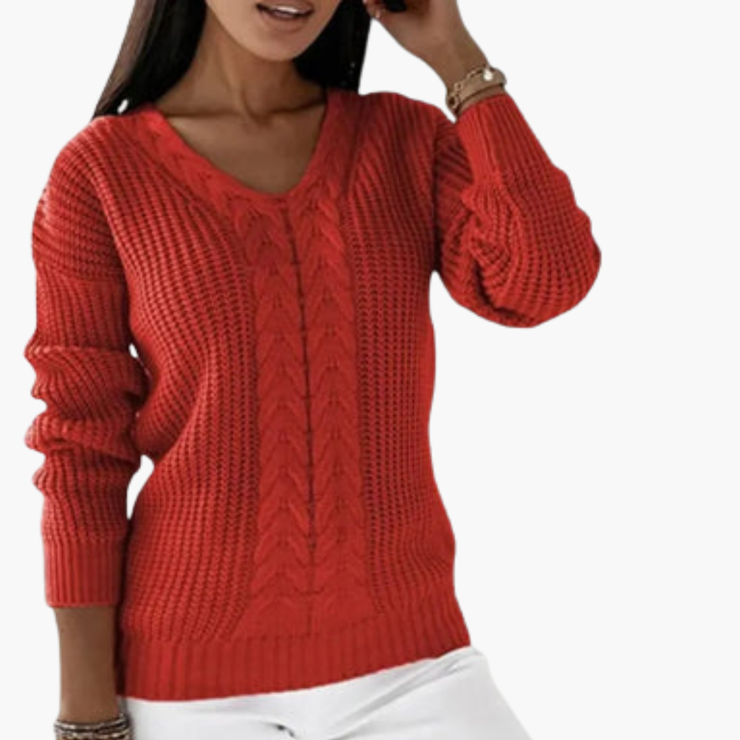 Women's tailored-fit V-neck knitted pullover sweater in versatile neutral tones with textured knit detail