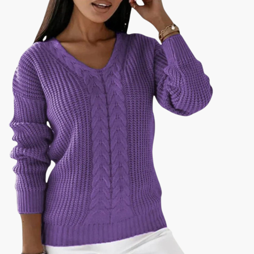 Women's tailored fit V-neck knitted pullover sweater in versatile neutral tones with textured knit