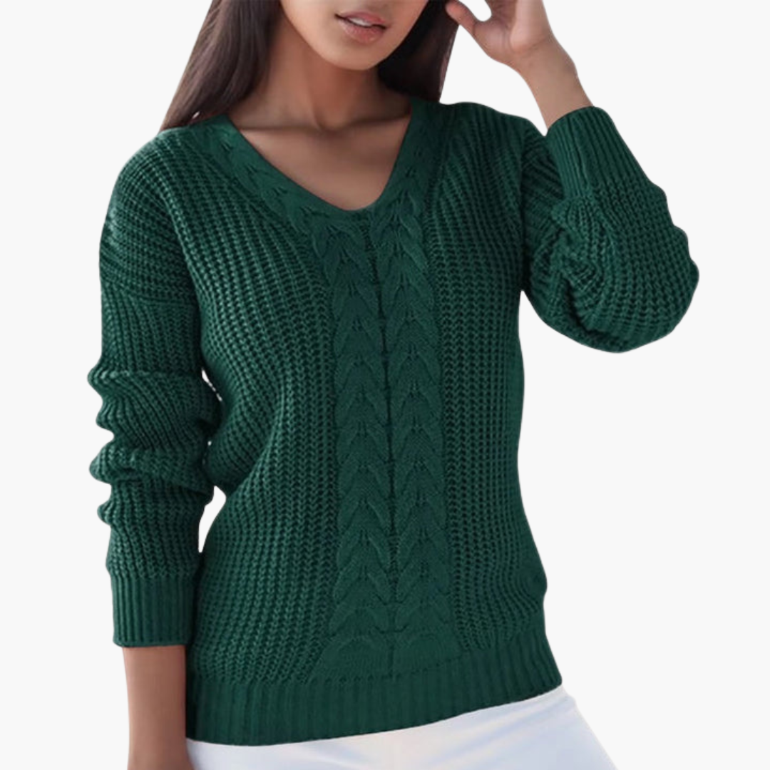 Women's tailored-fit V-neck knitted pullover sweater in versatile neutral tones with textured knit detail