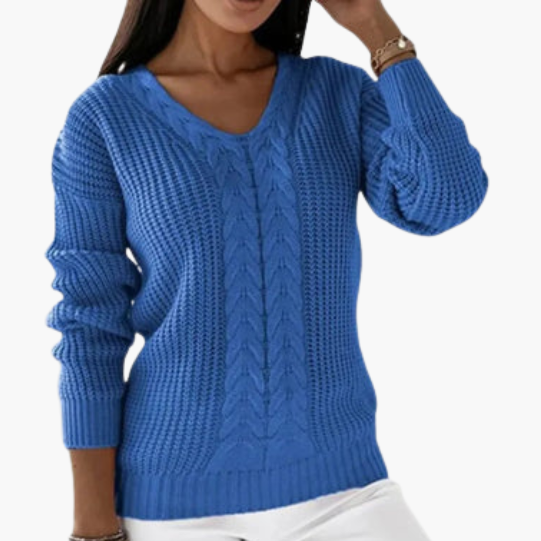 Women's tailored-fit V-neck knitted pullover sweater in versatile neutral tones, soft textured knit