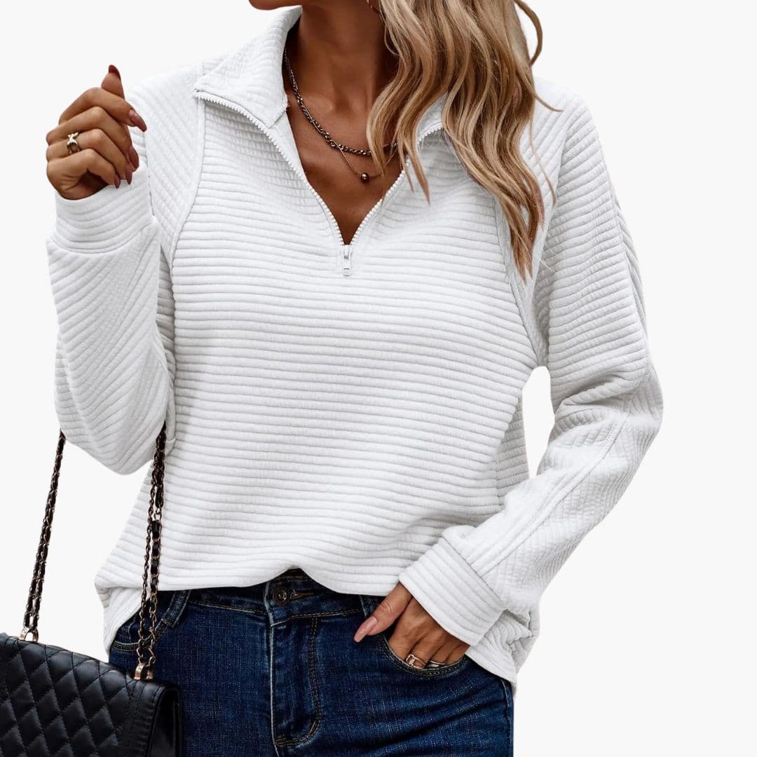 Women's ribbed knit zip-up sweater stand-up collar striped pattern long sleeves casual versatile