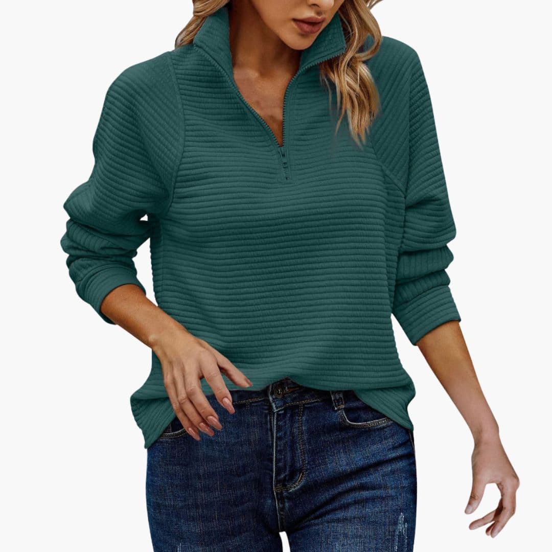 Women's ribbed knit zip-up sweater stand-up collar striped pattern long sleeves casual chic