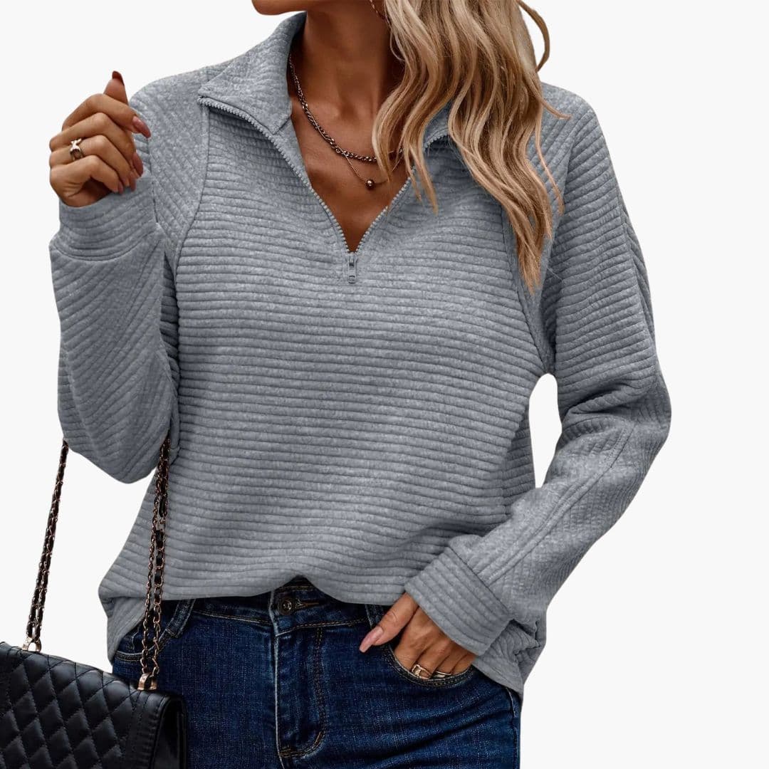Women's ribbed knit zip-up sweater with stand-up collar, striped pattern, long sleeves, versatile fit