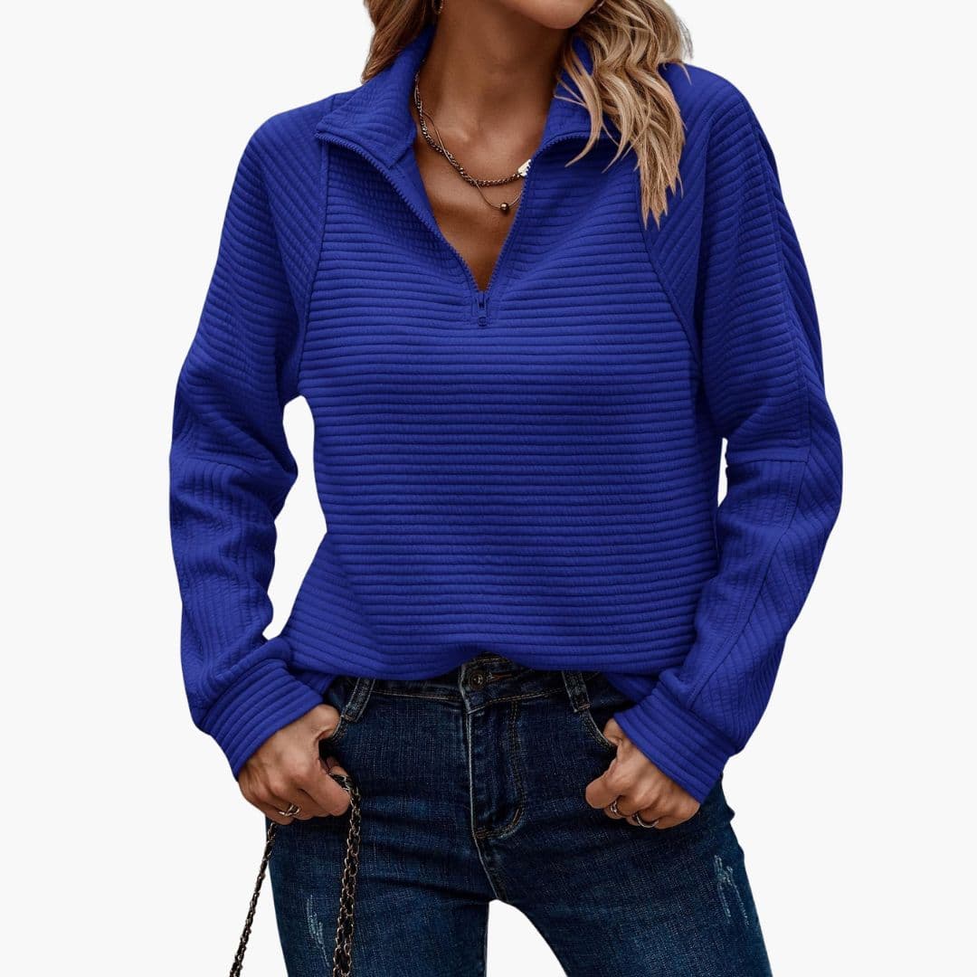 Women's ribbed knit zip-up sweater stand-up collar striped pattern long sleeves casual chic