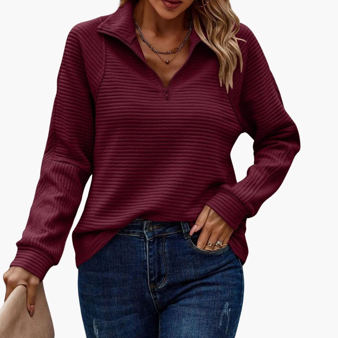 Women's ribbed knit zip-up sweater stand-up collar striped pattern long sleeves everyday wear