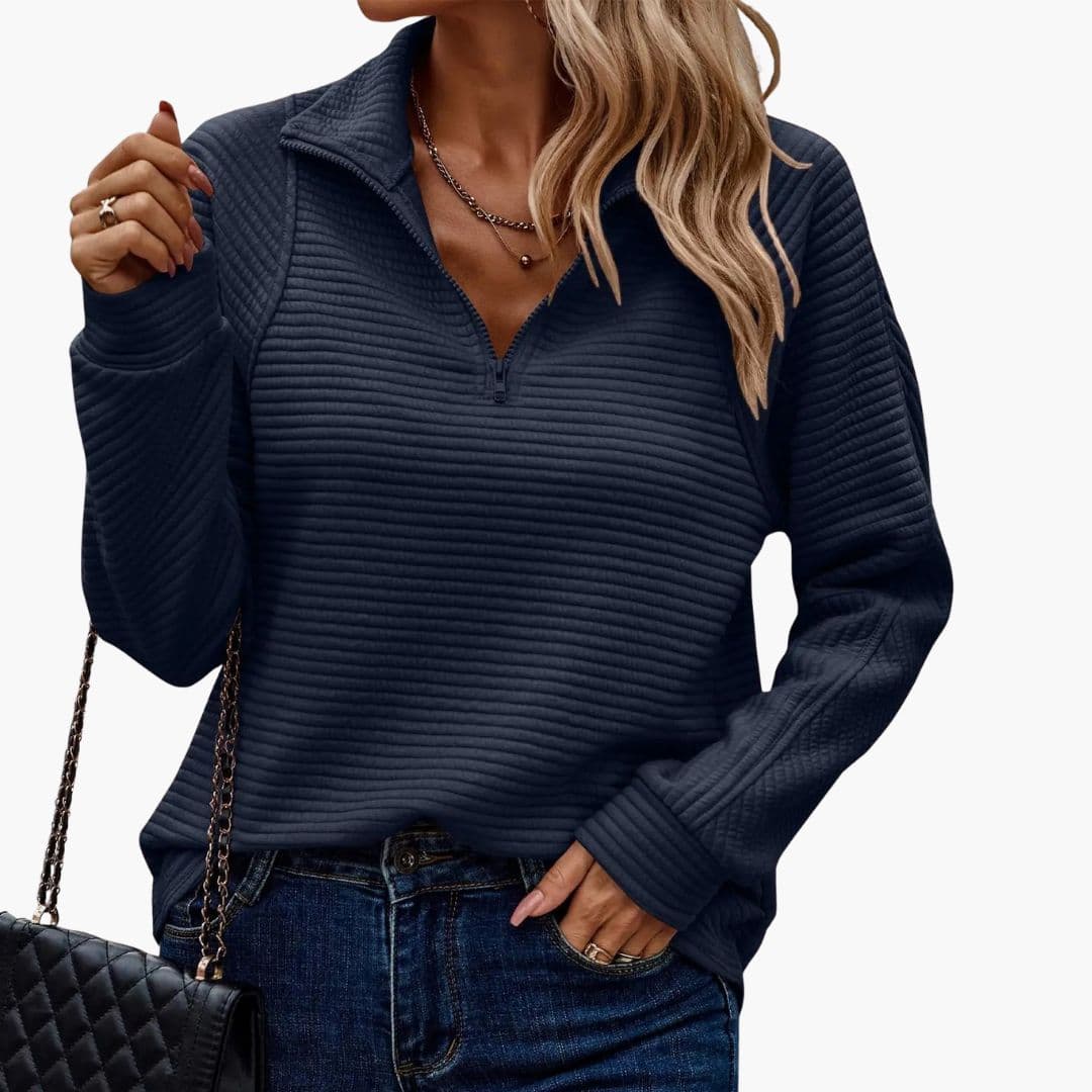 Women's ribbed knit zip-up sweater stand-up collar striped pattern long sleeves everyday casual wear