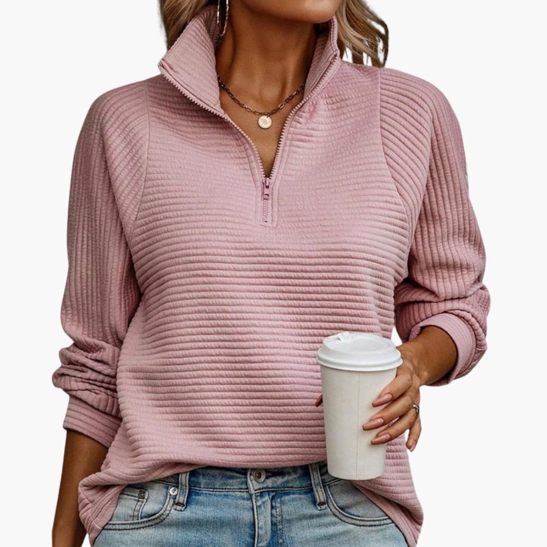 Women's zip-up ribbed knit sweater stand-up collar striped pattern long sleeves everyday casual wear