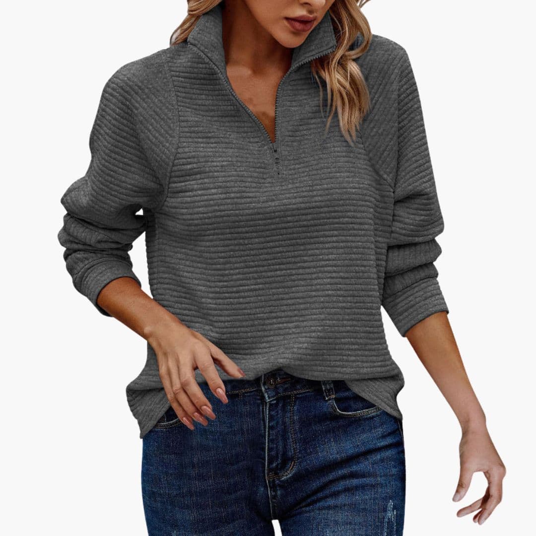 Women's ribbed knit zip-up sweater stand-up collar striped pattern long sleeves casual chic