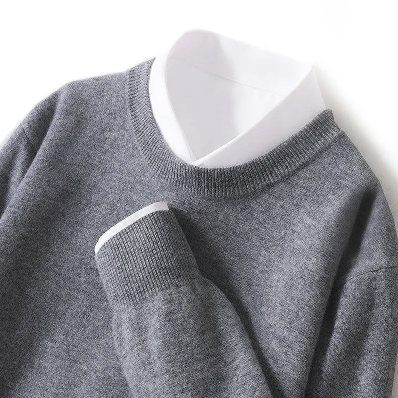 Men's grey wool blend crew neck sweater relaxed fit minimalist silhouette for office and weekend wear