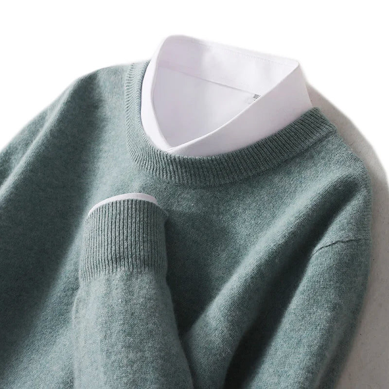 Men's cream wool blend crew neck sweater by Urbann-Vibe, relaxed minimalist fit for office or weekend
