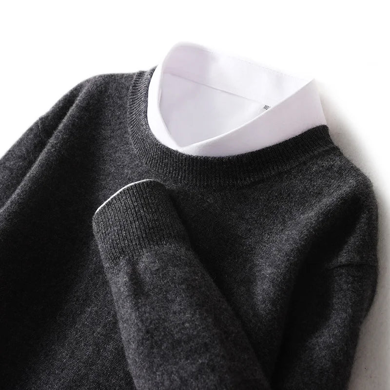 Men's cream wool blend crew neck sweater, relaxed minimalist fit for office and weekend wear