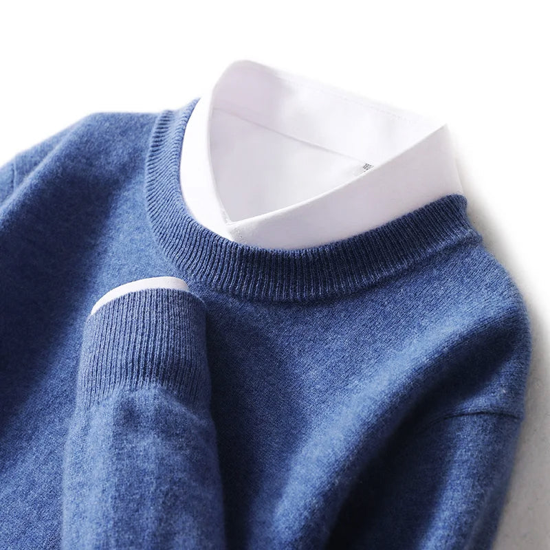 Men's cream wool blend crew neck sweater relaxed fit minimalist silhouette for office or weekend wear