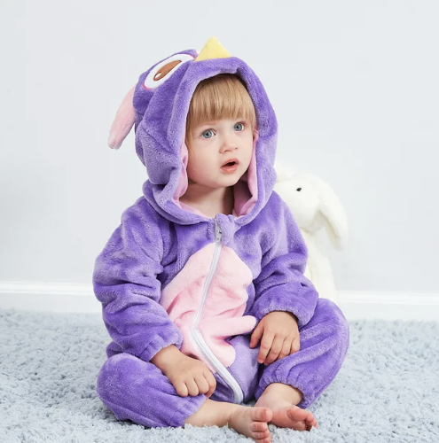 Soft breathable baby hooded animal romper onesie in playful jungle character design for toddlers