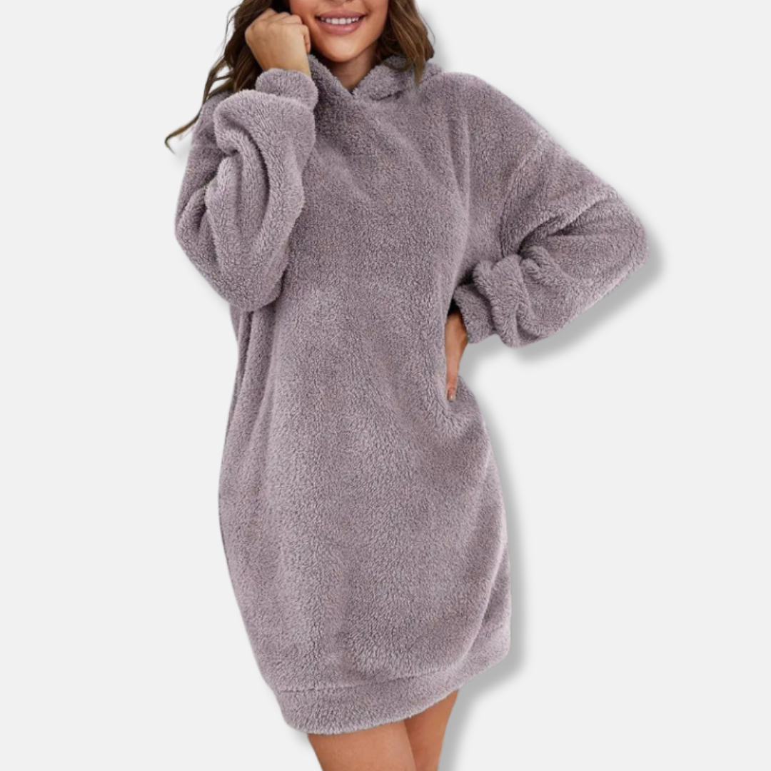 Women's oversized hoodie mini dress in plush fleece knit, cozy lounge fit with hood detail