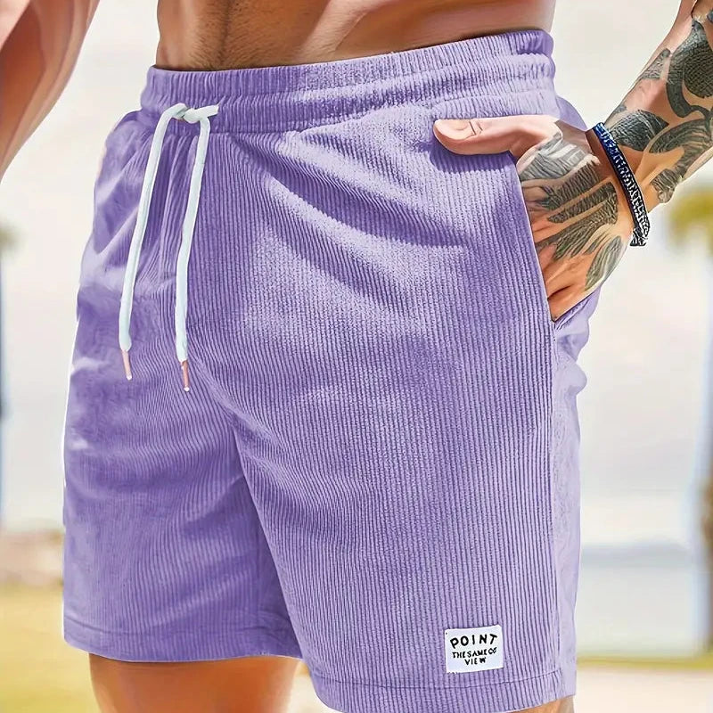 Men's beige corduroy drawstring shorts relaxed fit textured fabric casual everyday beachwear