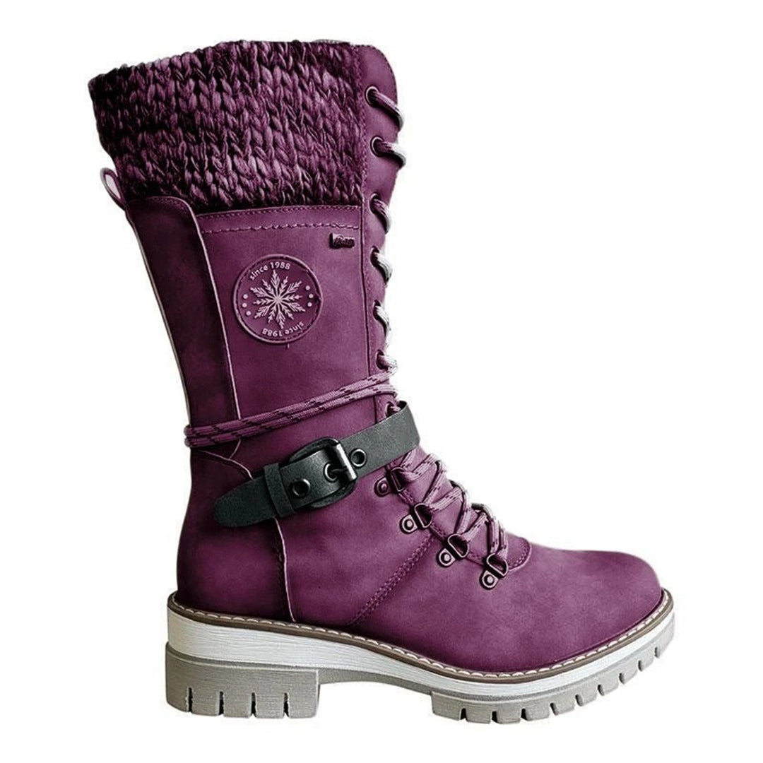 Women's brown lace-up winter boots with knit cuff, tall silhouette and side zip closure