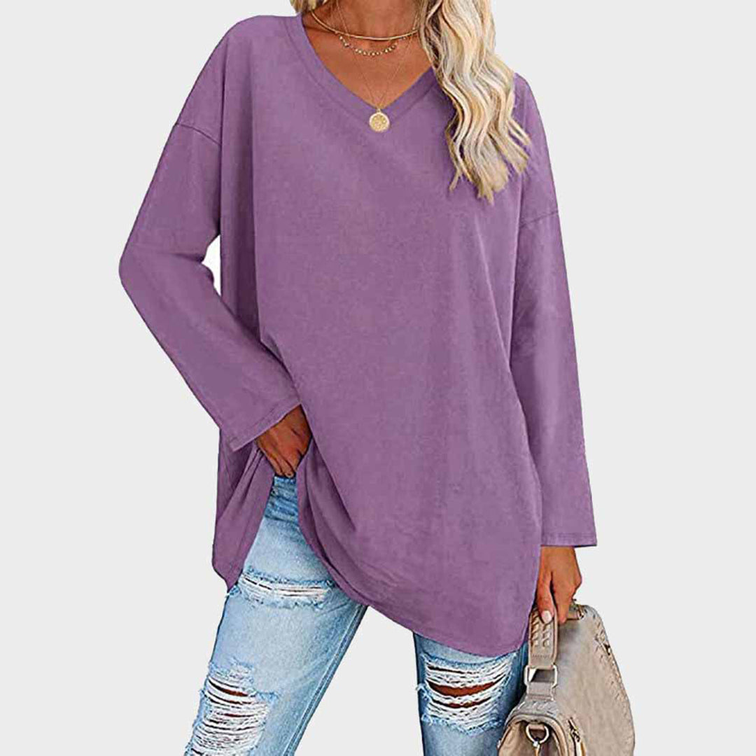 Women's casual loose fit long sleeve top in relaxed silhouette with V-neckline for everyday style