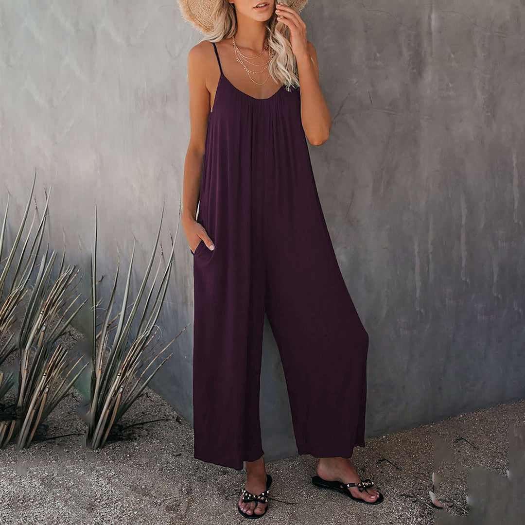 Women's spaghetti strap loose fit jumpsuit lightweight breathable cotton blend wide leg silhouette