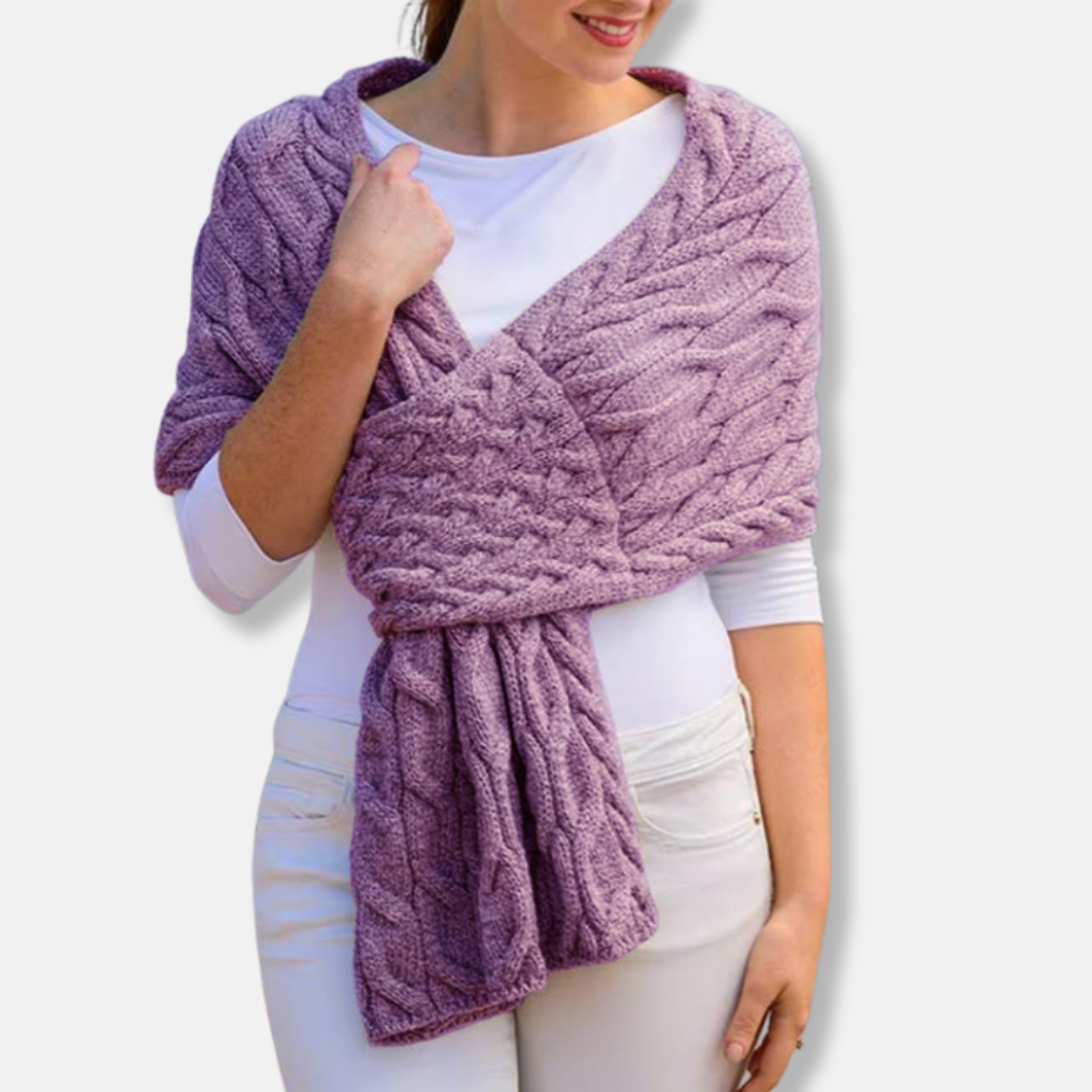 Women's wool shawl scarf in cable knit pattern, long draped coverage for luxurious winter warmth