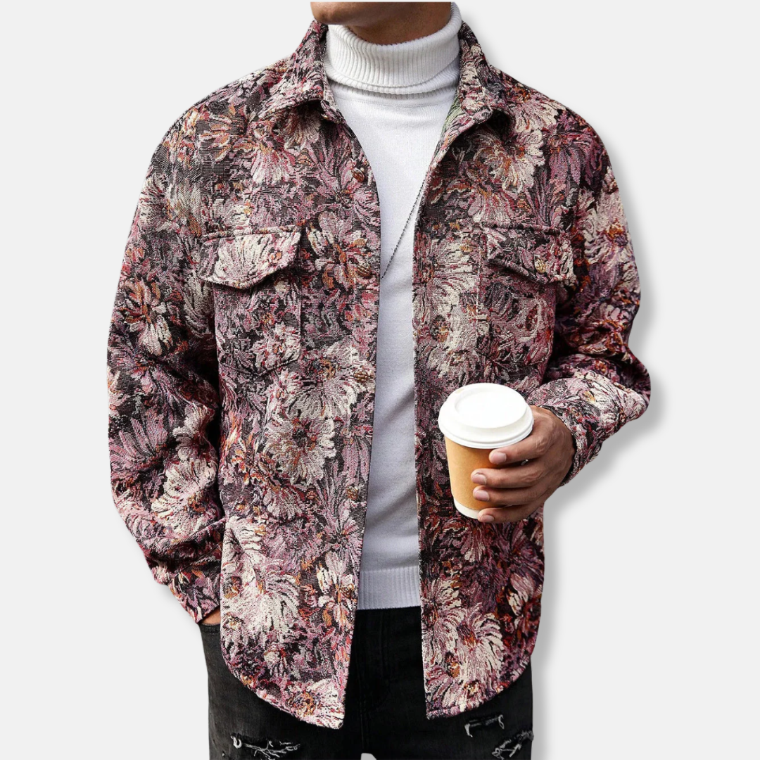 Men floral jacquard jacket relaxed fit woven texture artisanal pattern everyday versatile layer