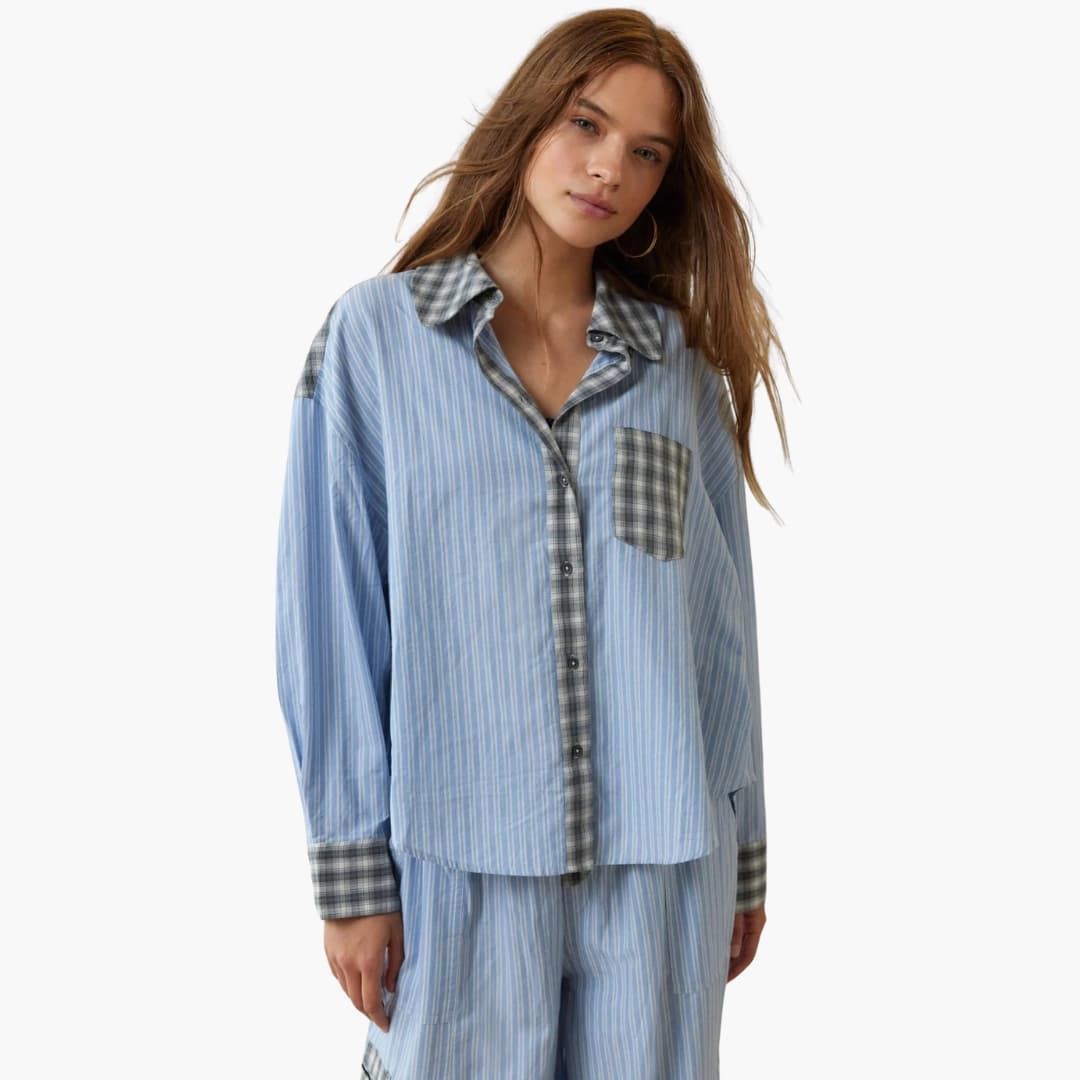 Women's checkered plaid pajama set long sleeve button-front top contrasting stripe collar front pocket