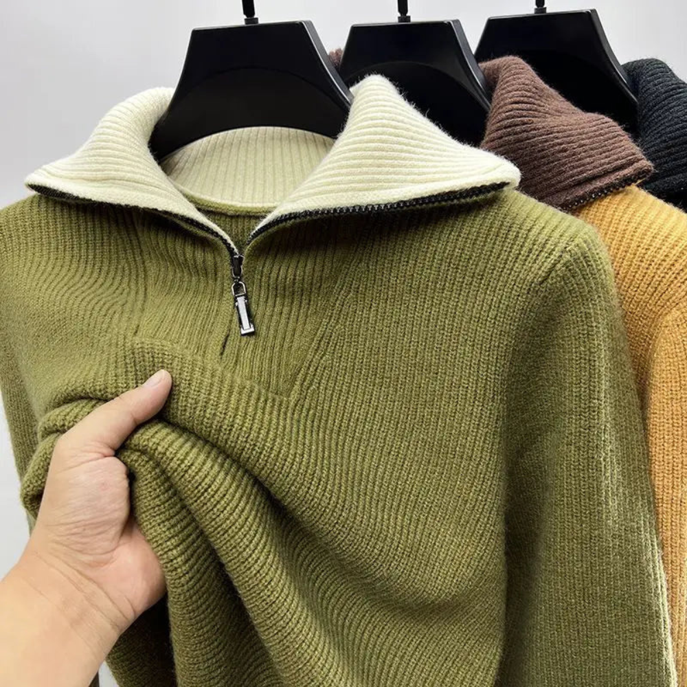 Men's gray ribbed knit relaxed fit sweater with zip high collar for casual everyday wear