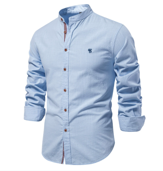 Men's slim fit white stand-up collar shirt with continuous button placket minimalist design