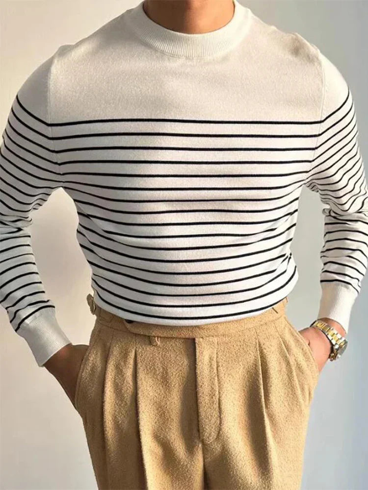 Men's merino wool knit sweater classic fit with timeless stripe pattern in neutral tones