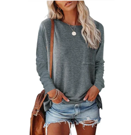 Women's casual crew neck long sleeve top in a straight cut, versatile everyday comfort wear