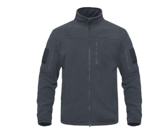 Men's warm tactical jacket in neutral tones, rugged multi-pocket outdoor design with insulated durable build