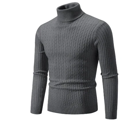 Men's classic knit turtleneck sweater in neutral tone, slim fit with ribbed collar for winter warmth