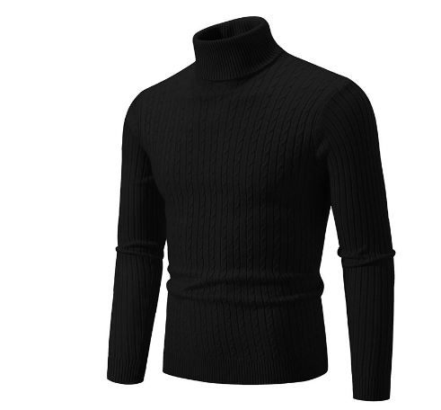 Men's slim fit wool cable knit turtleneck sweater by Urbann-Vibe, warm ribbed collar winter style