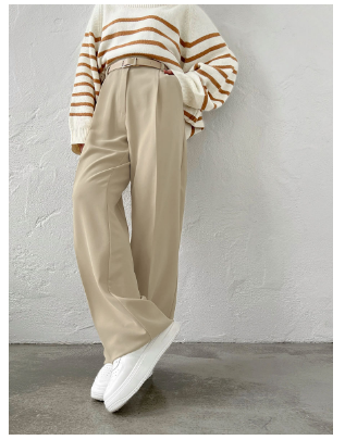 Women's straight cut dress pants with elegant belt detail, comfortable fabric, timeless office workwear style