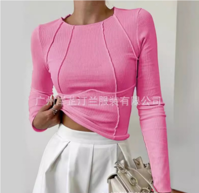 Reagan women's slim-fit ribbed long sleeve top with subtle piping detail, versatile wardrobe essential