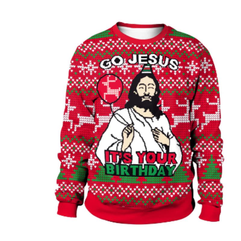 Men's red cozy knit Christmas sweater with humorous Jesus Birthday graphic festive holiday design