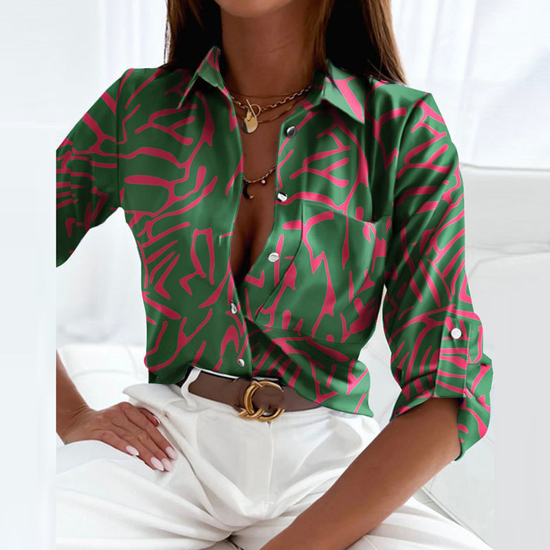Women's lightweight flowy long-sleeve blouse classic collar button closure graphic print elegant