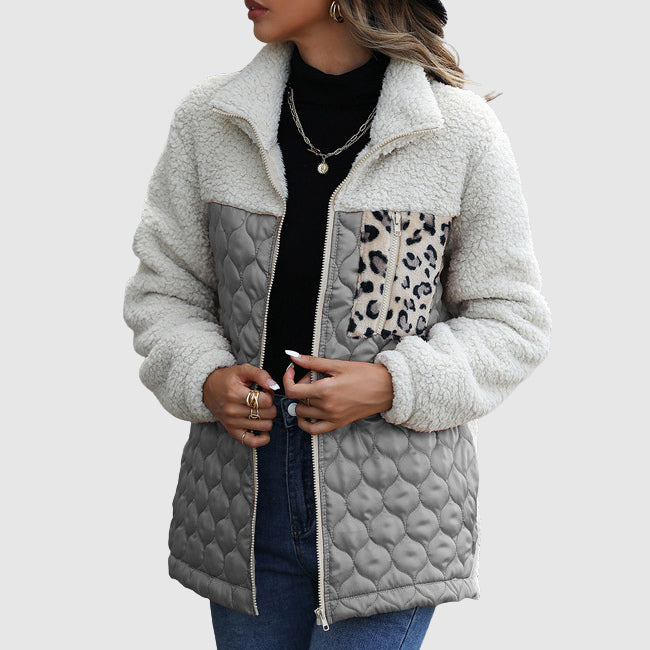 Women's quilted patchwork winter jacket sherpa texture black with leopard print accent detail