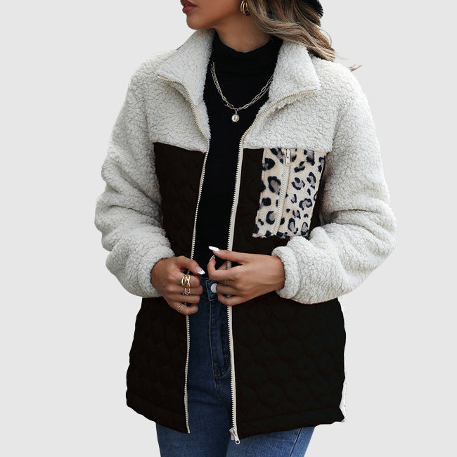 Women's quilted patchwork winter jacket sherpa plush with leopard accent detail