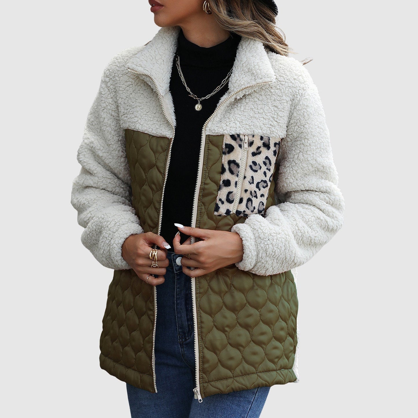 Women's quilted patchwork winter jacket sherpa feel plush texture leopard detail warm cozy