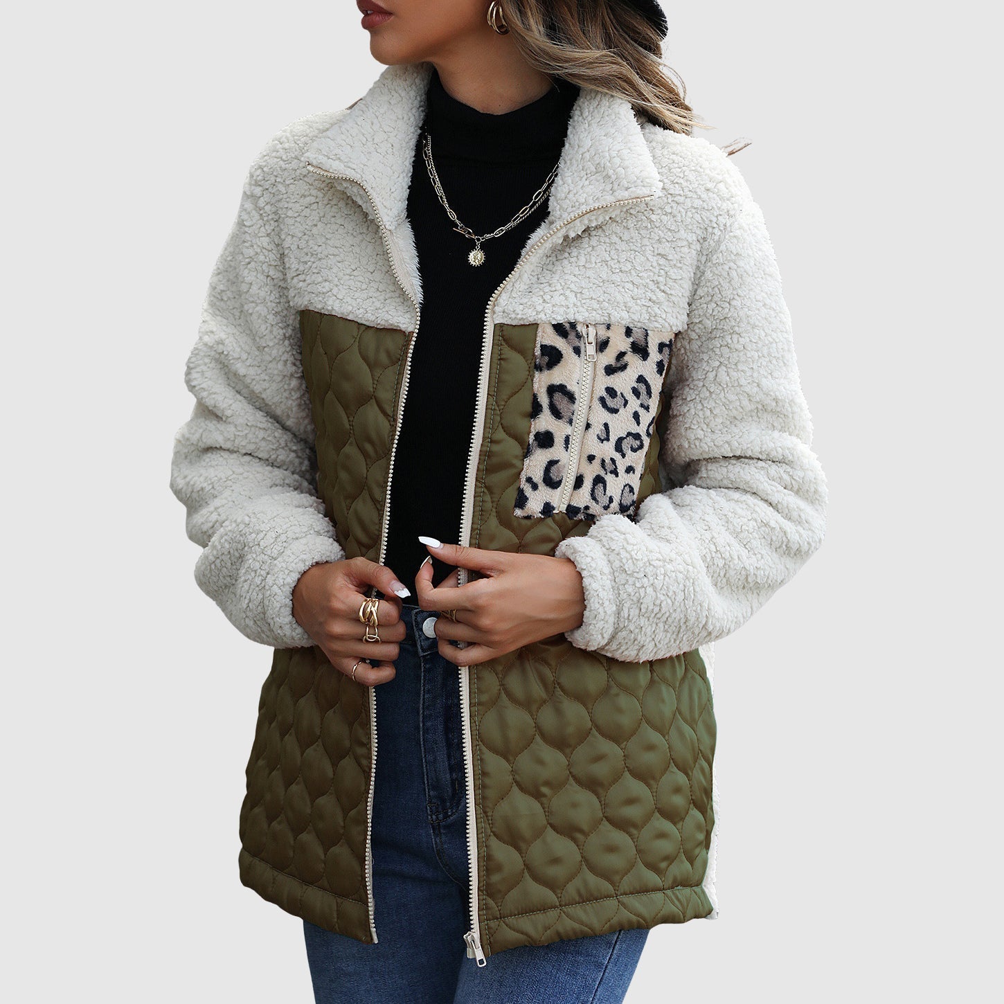 Women's quilted patchwork winter jacket sherpa feel plush texture leopard detail warm cozy
