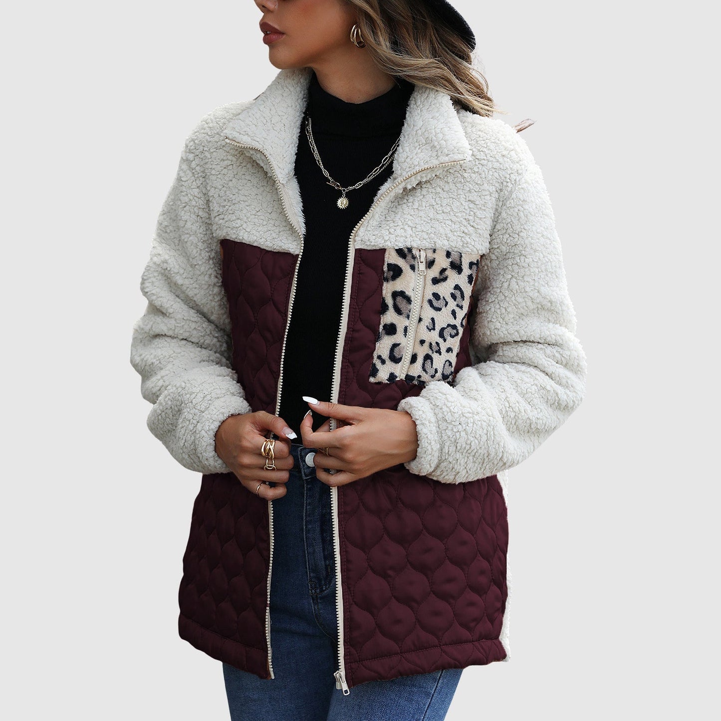 Women's quilted patchwork winter jacket sherpa texture black leopard accent cozy plush satin panels