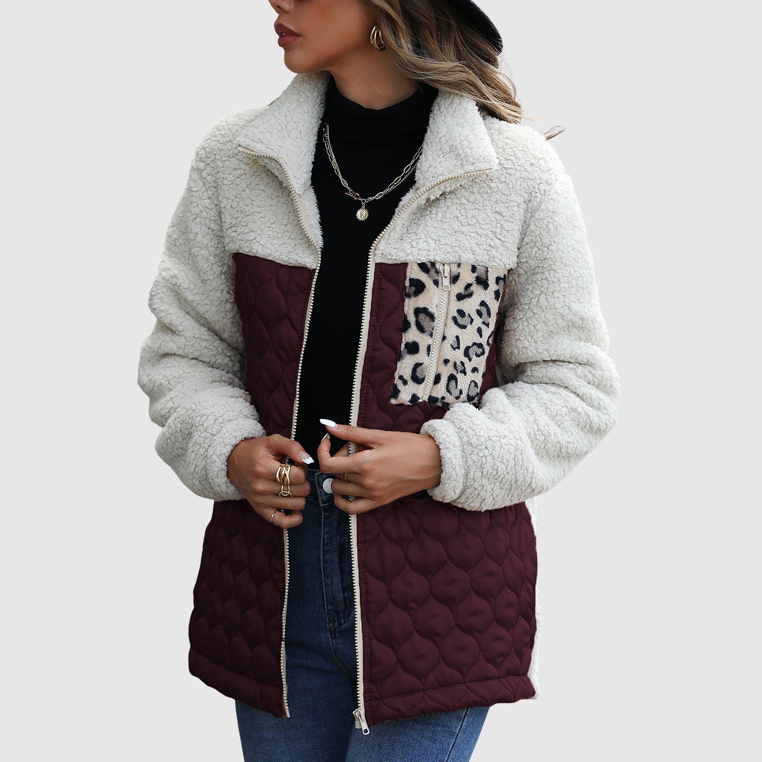 Women's quilted patchwork winter jacket sherpa texture black leopard accent cozy plush satin panels