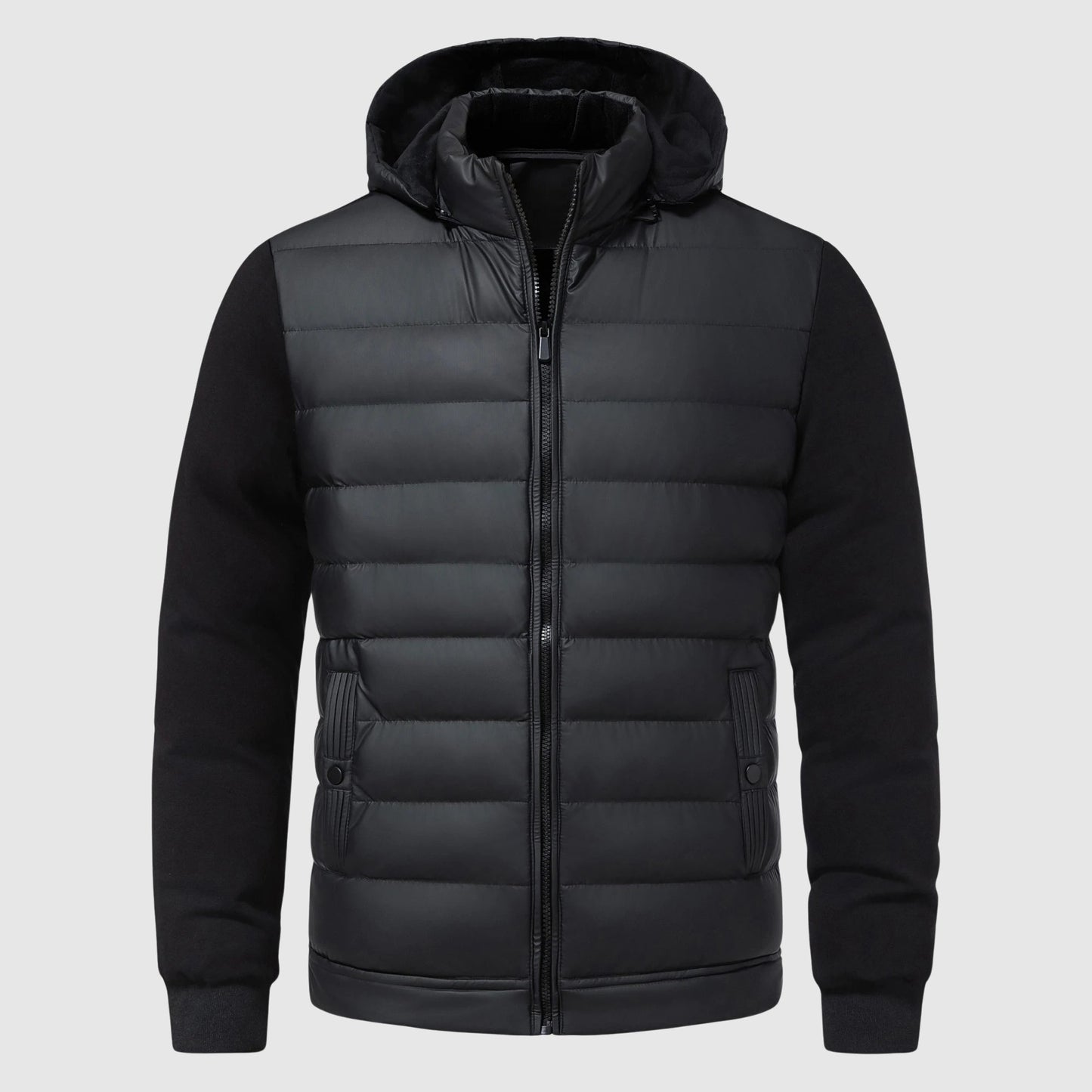 Men's two-tone gray quilted puffer hooded jacket with contrast black sleeves for urban commutes