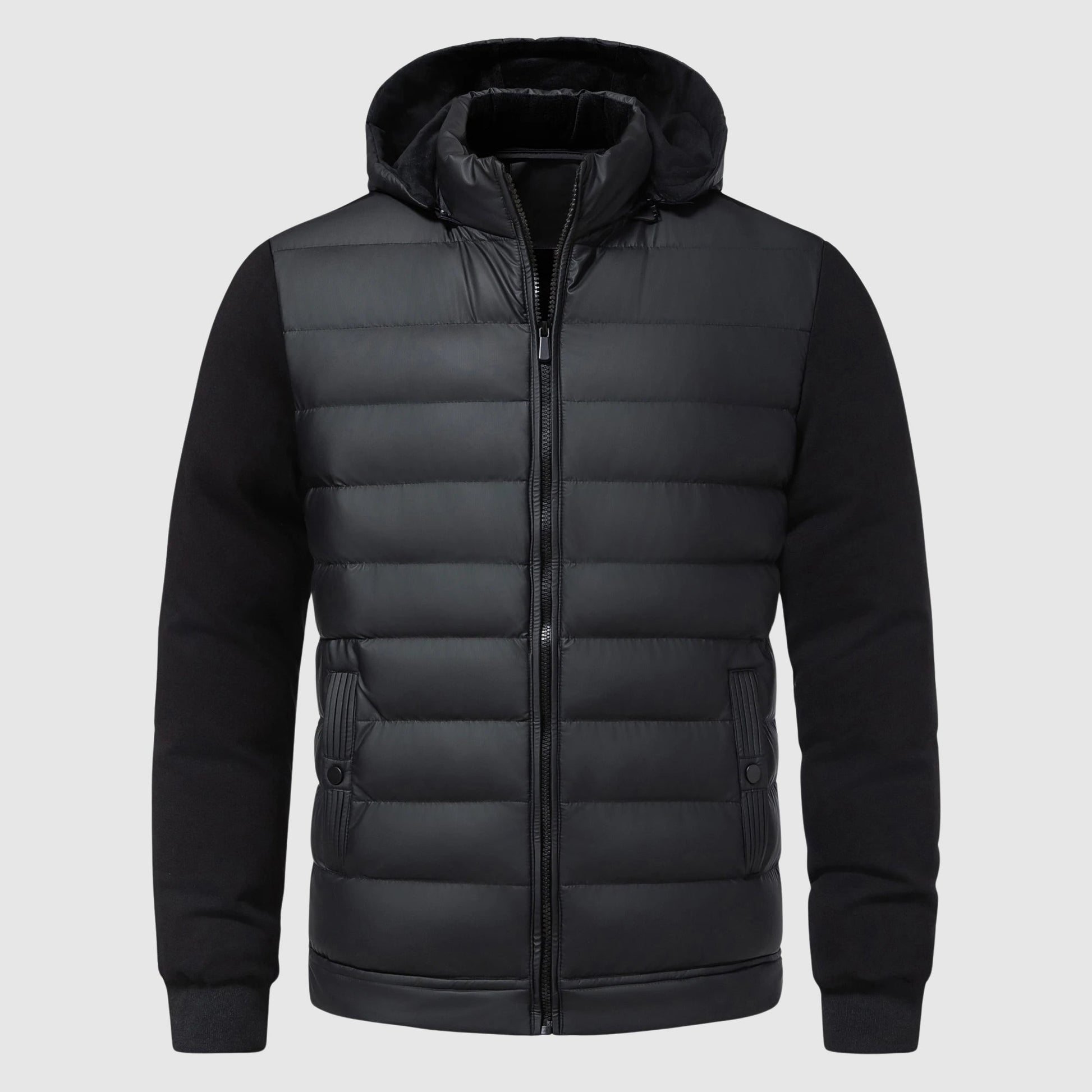 Men's two-tone gray quilted puffer hooded jacket with contrast black sleeves for urban commutes