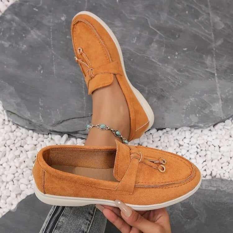 Women's beige PU suede moccasin slip-on with cushioned sole for all-day comfort