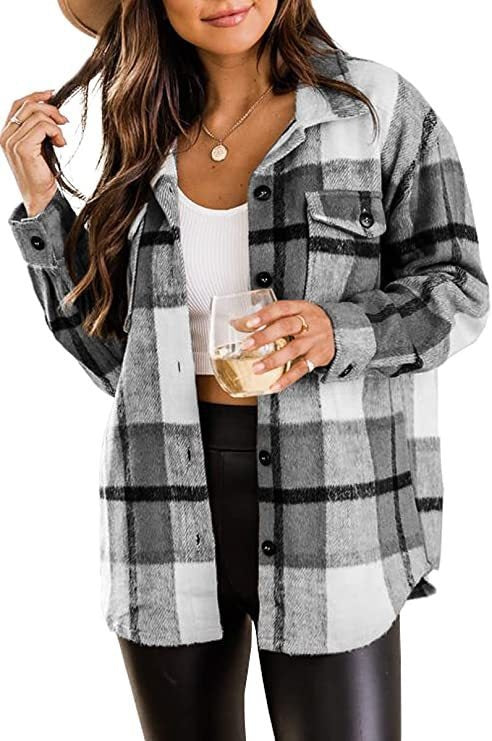 Women's soft cotton blend flannel shirt classic checkered pattern button-up cozy everyday layering piece