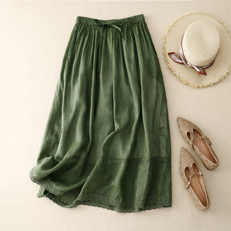 Women's ivory linen blend midi skirt gathered tie waist scalloped lace hem vintage style