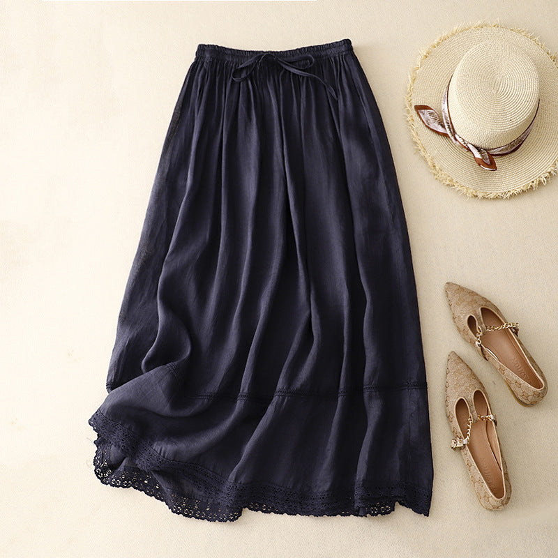 Women's beige linen blend midi skirt gathered tie waist scalloped lace hem vintage boho style